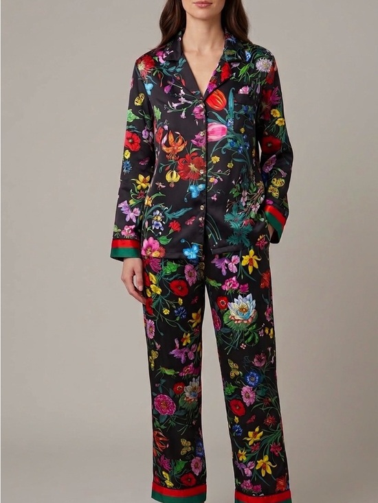 Gucci Pants - Dalia MacPhee Black Floral Wide-Leg Satin Pant Suit with Green-Red Trim